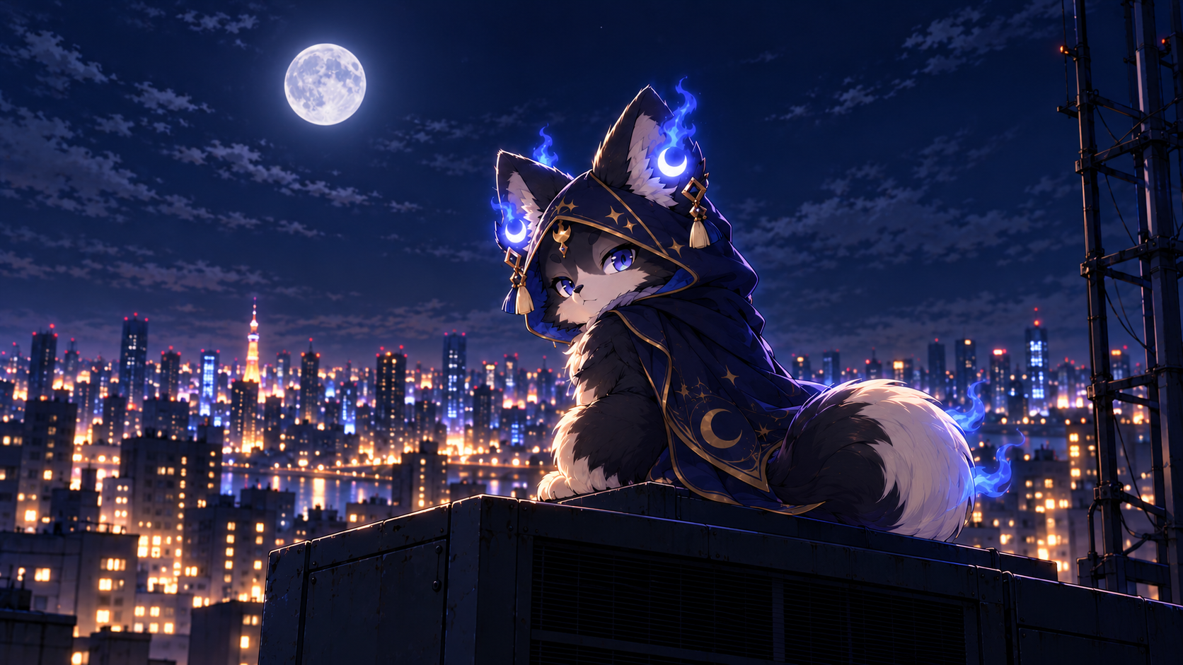 月夜の街を背に、青い鬼火をまとう月代あくた